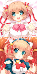  1girl :d ahoge alternate_costume animal_ears aqua_dress aqua_eyes arm_ribbon bed_sheet bell blonde_hair blush bow bowtie breasts cat_ears center_frills closed_mouth commentary_request curtains detached_collar dress dress_bow enmaided eyes_visible_through_hair fake_animal_ears frills hair_between_eyes hair_ornament hair_ribbon hands_up highres huge_bow indoors jingle_bell kamikita_komari large_breasts little_busters! little_busters!_school_uniform long_ribbon looking_at_viewer lying maid maid_headdress medium_hair multiple_views neck_bell on_back open_mouth outstretched_hand paw_pose pink_bow pink_bowtie puffy_short_sleeves puffy_sleeves red_bow red_ribbon remotaro ribbon sample_watermark school_uniform short_sleeves smile sparkle star_(symbol) star_hair_ornament tareme teeth two_side_up upper_body upper_teeth_only watermark wrist_bow 