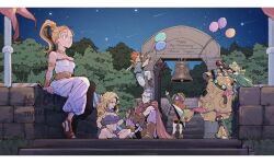  1other 3boys 3girls anniversary armlet ayla_(chrono_trigger) balloon bandeau bare_shoulders bell blonde_hair blue_boots blue_gloves blue_tunic boots bottle breasts brown_boots brown_gloves carrying cavewoman chrono_trigger climbing cloak closed_eyes closed_mouth column commentary_request copyright_name crono_(chrono_trigger) crop_top cross-shaped_pupils curly_hair dated drinking flag frog_boy frown full_body furrowed_brow glasses glenn_(chrono_trigger) gloves gold_armlet gold_bracer gold_choker green_cloak green_eyes green_shirt grey_bandeau grey_boots grey_hair grey_skirt grin headband helmet holding holding_balloon holding_bottle indian_style jewelry long_hair looking_up lucca_ashtear magus_(chrono_trigger) marle_(chrono_trigger) medium_breasts midriff multiple_boys multiple_girls navel neck_ring neckerchief night open-toe_shoes open_mouth orange_neckerchief orange_tunic outdoors pants piggyback pillar pointing pointy_ears ponytail purple_hair purple_pants red_cloak red_hair robo_(chrono_trigger) robot romper sandals sharp_na_ago shirt shooting_star short_hair sitting sitting_on_wall skirt smile spiky_hair sweatdrop symbol-shaped_pupils teeth toasting_(gesture) tongue tongue_out tree tunic twitter_username white_headband white_pants white_romper widow's_peak 