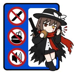  1girl :| black_boots black_coat black_hat black_skirt blood blood_from_eyes blood_on_face boots bow brown_eyes brown_hair burger cellphone closed_mouth coat commentary eating edge_of_realm food full_body hat hat_bow heterochromia highres holding holding_burger holding_food holding_phone long_hair long_sleeves no_cell_phone no_food_sign phone red_scarf scarf shirt skirt smartphone solo standing sword sword_on_back touhou untranslatable_commentary usami_renko weapon weapon_on_back white_shirt xiaoyuan_kgm yellow_eyes 