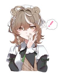  ! 1girl :t ahoge blush braid breasts brown_eyes brown_hair food food_on_face gears highres klara_charmwood looking_at_viewer low_twin_braids maid maid_headdress medium_breasts medium_hair nijisanji nijisanji_en simple_background solo spoken_exclamation_mark twin_braids upper_body virtual_youtuber white_background wiping_face zkcsg1840 