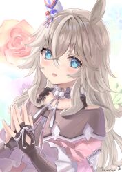  1girl absurdres animal_ears blue_eyes blush breasts choker coat collar commentary_request dress ear_covers flower frilled_choker frilled_collar frills gloves grey_hair hair_between_eyes highres horse_ears horse_girl jacket long_hair looking_at_viewer multicolored_hair off-shoulder_coat off_shoulder open_mouth pink_coat pink_dress pink_jacket short_eyebrows single_ear_cover smile solo steepled_fingers streaked_hair tsurubami_(gaad5227) umamusume upper_body wonder_acute_(butterfly_sting)_(umamusume) wonder_acute_(umamusume) 