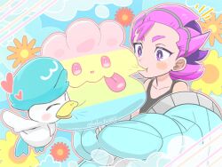  1girl biting black_tank_top blush_stickers bright_pupils commentary_request dot_(pokemon) flower freckles heart highres lgbt_pride nidothing pansexual_flag pokemon pokemon_(anime) pokemon_(creature) pokemon_horizons quaxly runachikku short_hair swirlix tank_top violet_eyes white_pupils 