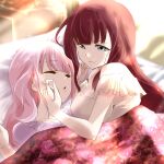  2girls assault_lily bare_shoulders bed blanket blue_eyes blunt_bangs blurry blurry_background breasts brown_hair closed_eyes closed_mouth day frilled_shirt frilled_sleeves frills hair_down hand_on_another&#039;s_cheek hand_on_another&#039;s_face hand_on_own_cheek hand_on_own_face hands_up head_rest hitotsuyanagi_yuri indoors kaede_johan_nouvel long_hair looking_at_another lying medium_breasts multiple_girls off-shoulder_shirt off_shoulder on_back on_bed on_side parted_lips pillow pink_hair purple_shirt shirt short_sleeves side-by-side sidelocks smile sparkle sun under_covers urutsu_sahari white_shirt yuri 
