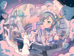  1girl apron aqua_hair bandaid bang_dream! bang_dream!_girls_band_party! bench blue_jacket blue_leg_warmers blue_track_suit blush braid cat chair commentary_request frilled_apron frills full_body green_eyes hair_ornament handheld_game_console hikawa_hina holding holding_handheld_game_console jacket jersey_maid leg_warmers long_hair long_sleeves lying maid medium_hair official_art on_chair on_stomach open_mouth short_hair side_braids solo tenshi_kaiwai track_jacket track_suit unconventional_maid white_apron white_cat 