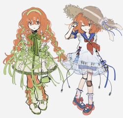  1girl a.i._voice absurdres adachi_rei alternate_costume alternate_hair_length_(longer) alternate_hairstyle android braid closed_mouth commentary dress full_body green_dress green_ribbon hair_ribbon hat highres leg_warmers long_hair looking_at_viewer medium_hair multiple_views neckerchief one_eye_closed orange_eyes orange_hair red_neckerchief ribbon ribbon_in_braid shoes short_dress simple_background sleeveless sleeveless_dress standing straw_hat twin_braids untranslatable_commentary utau white_background xiaoliang0301 