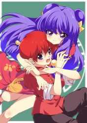  2girls absurdres black_pants blush bow braid braided_ponytail chinese_clothes commentary_request double_bun dress hair_bow hair_bun highres hug long_hair multiple_girls open_mouth pants purple_hair ranma_1/2 red_dress red_hair red_shirt saotome_ranma saotome_ranma_(female) shampoo_(ranma_1/2) shiroganeyoru shirt side_slit sidelocks smile violet_eyes yellow_bow 