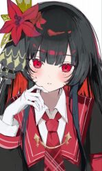  1girl armband black_hair black_shirt collared_shirt colored_inner_hair commentary_request crown diii_ch flower gloves hair_flower hair_ornament highres long_hair long_sleeves mahou_shoujo_no_majo_saiban mini_crown multicolored_hair necktie nikaido_hiro red_armband red_eyes red_flower red_hair red_necktie shirt simple_background solo upper_body white_background white_gloves white_shirt 