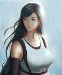  1girl absurdres amaati bare_shoulders black_gloves black_hair black_sports_bra breasts closed_mouth collarbone commentary crop_top elbow_gloves final_fantasy final_fantasy_vii final_fantasy_vii_remake gloves gradient_hair highres large_breasts lips long_hair looking_to_the_side multicolored_hair pink_lips red_eyes solo sports_bra suspenders swept_bangs tank_top tifa_lockhart upper_body white_tank_top 
