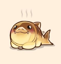  1boy absurdres artist_name blush bread character_name closed_mouth commentary english_commentary fangs fangs_out fins fish_tail food hanjosi highres jeff_the_land_shark male_focus marvel marvel_rivals shark shark_fin shark_tail smile tail 