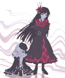  2girls armband beret black_capelet black_choker black_coat black_hair black_hat black_pantyhose black_shirt black_shoes black_skirt capelet choker closed_mouth coat collared_coat collared_shirt crossed_arms crown flower flower-trimmed_sleeves frilled_socks frills full_body gradient_hair hair_flower hair_ornament hat hat_flower hat_ribbon head_on_arm highres hugging_own_legs kq94469 layered_skirt long_hair long_skirt long_sleeves mahou_shoujo_no_majo_saiban mini_crown multicolored_hair multiple_girls necktie nikaido_hiro overskirt pantyhose pink_hair plaid_clothes plaid_skirt pleated_skirt red_armband red_eyes red_flower red_necktie red_skirt ribbon sakuraba_ema shirt shoes short_hair side_capelet sitting skirt sleeveless sleeveless_coat socks standing white_flower white_hair white_shirt white_sleeves white_socks x_hair_ornament 