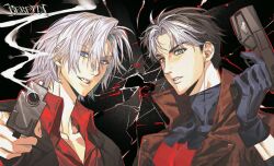  2boys batman_(series) batman_symbol black_bodysuit black_gloves black_hair blue_eyes bodysuit brown_jacket dante_(devil_may_cry) dc_comics devil_may_cry_(series) gloves grey_bodysuit highres holding holding_weapon jacket jason_todd looking_at_viewer male_focus multicolored_bodysuit multiple_boys muscular muscular_male red_hood_(dc) red_hood_and_the_outlaws rotzeichen shirt short_hair simple_background smile superhero_costume taut_bodysuit taut_clothes two-tone_bodysuit weapon white_hair 