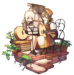  2girls boots brown_hair commentary_request dress falcon_(girls&#039;_frontline) full_body girls_frontline grey_hair guitar head_scarf holding holding_instrument holding_pencil instrument jacket long_hair m200_(girls&#039;_frontline) multiple_girls music_stand on_bench on_chair pencil plant potted_plant red_eyes sheet_music shoes sitting skirt smile sneakers suginakara_(user_ehfp8355) violet_eyes white_background window 