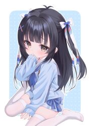  1girl antenna_hair between_legs black_hair blue_background blue_bow blue_cardigan blue_neckerchief blue_skirt bow cardigan chitosezaka_suzu commentary commission covering_own_mouth hair_bow hair_ornament hand_between_own_legs hand_over_own_mouth hand_up highres long_hair long_sleeves neckerchief no_shoes open_cardigan open_clothes original outline polka_dot polka_dot_background sailor_collar school_uniform serafuku shirt sitting skeb_commission skindentation skirt skirt_bow sleeves_past_wrists solo thigh-highs two_side_up wariza white_bow white_outline white_sailor_collar white_shirt white_thighhighs x_hair_ornament yellow_eyes 