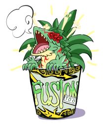 colored_skin commentary_request duel_monster green_skin instant_cup_noodles instant_fusion instant_noodles monster no_humans okirune_(yappa_neruwa) open_mouth predaplant_ambulomelides red_eyes teller_of_fairy_tails tongue too_many_eyes white_background yu-gi-oh! 
