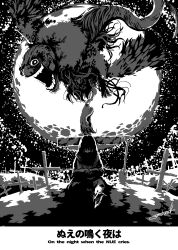  1other absurdres ambiguous_gender coat cross full_moon greyscale highres monochrome monochrome_haiji monster moon original other_focus planted planted_shovel scarf shovel sitting winter_clothes winter_coat 