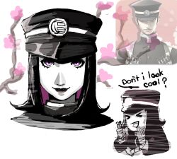  1boy 1girl amano_maya black_hair black_lips cherry_blossoms cosplay devil_summoner:_raidou_kuzunoha_vs_the_soulless_army devil_summoner_(series) hat highres holding kabaongnisop kuzunoha_raidou kuzunoha_raidou_(cosplay) looking_at_viewer medium_hair open_mouth persona persona_2 persona_2_batsu pink_eyes reference_inset smile 