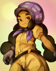  1girl belt black_belt black_hair bonnet closed_mouth commentary cowboy_shot driftingtiger eyelashes gloves grey_eyes grey_gloves hapu_(pokemon) highres jumpsuit long_hair pokemon pokemon_sun_and_moon purple_bonnet sidelocks solo twintails yellow_jumpsuit 