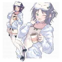  1girl blue_jacket blue_nails camisole cho_kaguya-hime! commentary cup green_eyes highres holding holding_cup jacket mask mask_on_head mug nail_polish nami_(wa98449) one_eye_closed one_side_up partially_unzipped sakayori_iroha sakayori_iroha_(tsukuyomi) shorts sleep_mask slippers solo thigh-highs untranslatable_commentary white_camisole white_shorts white_thighhighs yawning zettai_ryouiki 