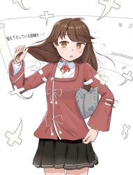  1girl battle_damage black_skirt blush brown_eyes brown_hair collared_shirt commentary_request cowboy_shot dress_shirt facial_mark fan_request fang grey_visor_cap hair_down hat highres holding holding_unworn_clothes holding_unworn_hat jacket kantai_collection long_hair long_sleeves looking_at_viewer mariuta miniskirt open_mouth pleated_skirt red_jacket request_inset ryuujou_(kancolle) shirt simple_background skin_fang skirt solo standing torn_clothes torn_jacket untying_hair unworn_hat unworn_headwear white_background white_shirt 