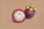  brown_background colored_pencil_(medium) dated food food_focus fruit hanajorin mangosteen no_humans original shadow signature simple_background still_life traditional_media 