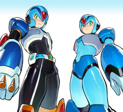  2boys absurdres armor black_bodysuit blue_armor blue_helmet bodysuit buzzsaw_(6631455) cowboy_shot forehead_jewel green_eyes helmet highres male_focus mega_man_(series) mega_man_x:_command_mission mega_man_x_(series) multiple_boys new_armor_x_(mega_man) x_(mega_man) 