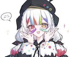  1girl :d beret black_hat bow collared_shirt colored_tips commentary_request contrast_collar hair_bow hat heterochromia jogasaki_noah long_hair long_sleeves looking_at_viewer mahou_shoujo_no_majo_saiban multi-tied_hair multicolored_eyes multicolored_hair neck_ribbon playing_with_own_hair polka_dot polka_dot_bow portrait red_eyes ribbon shirt simple_background smile solo souri_10244 spoken_object straight-on streaked_hair white_background white_hair white_shirt wide_sleeves yellow_eyes 
