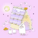  1girl blush building crescent_moon ghost glowing halloween house jack-o&#039;-lantern kanam moon original purple_background shadow simple_background smile star_(symbol) wide_shot 