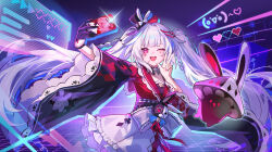  1girl :d ;d absurdres black_gloves cellphone chinese_commentary commentary_request frills gloves hat heart heart_tattoo highres holding holding_phone honkai:_star_rail honkai_(series) japanese_clothes kimono long_hair looking_at_viewer multicolored_hair one_eye_closed open_mouth phone pink_eyes rabbit selfie single_glove siroo skirt smartphone smile solo sparkle_(honkai:_star_rail) sparxie_(honkai:_star_rail) tattoo twintails v very_long_hair white_hair white_skirt wide_sleeves 