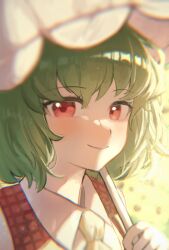  1girl ao_hoshi ascot blurry blurry_background blush collared_shirt commentary_request green_hair highres holding holding_umbrella kazami_yuuka looking_at_viewer parasol plaid_clothes plaid_vest portrait red_eyes red_vest shirt short_hair signature smile solo touhou umbrella vest watermark white_shirt yellow_ascot 