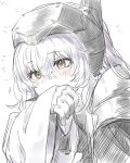  1girl blush cloak dog_tags goddess_of_victory:_nikke hair_between_eyes hand_to_own_mouth highres long_hair nuko609 simple_background sketch snow_white_(nikke) solo upper_body visor_(armor) white_cloak white_hair yellow_eyes 