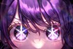  1girl chromatic_aberration close-up commentary eye_focus eyelashes hair_between_eyes highres hoshino_ai_(oshi_no_ko) kopi_(user_ajtn7422) long_hair multicolored_eyes one_side_up oshi_no_ko purple_hair signature solo star-shaped_pupils star_(symbol) symbol-shaped_pupils twitter_username violet_eyes 