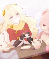  1girl alicesoft blonde_hair colored_eyelashes cup doll dungeon_toaster headgear highres jacket long_hair messy_hair multicolored_eyes open_mouth rance_(series) rance_x scarf short_sleeves simple_background stuffed_animal stuffed_toy tea teacup teddy_bear very_long_hair warg_(rance) wavy_hair yellow_scarf 