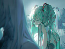  1girl aqua_eyes aqua_hair arm_tattoo blurry blurry_foreground chromatic_aberration commentary dated hand_in_own_hair hatsune_miku long_hair looking_at_viewer necktie number_tattoo saeldam shirt signature sleeveless sleeveless_shirt solo_focus tattoo twintails very_long_hair vocaloid 