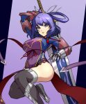  1girl ao_no_kiseki blue_eyes breasts chinese_clothes eiyuu_densetsu gauntlets highres holding holding_sword holding_weapon huge_breasts huge_weapon looking_at_viewer mary_janes purple_hair rixia_mao shoes spottylen sword thigh-highs weapon zero_no_kiseki 