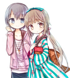  2girls :o amakaze_sora black_skirt bow brown_eyes brown_hair character_request closed_mouth grey_eyes grey_hair hair_bow idolmaster idolmaster_cinderella_girls jacket japanese_clothes kimono long_hair long_sleeves multiple_girls obi open_clothes open_jacket parted_lips pink_jacket sash shirt simple_background skirt smile striped_bow striped_clothes striped_kimono striped_shirt vertical-striped_clothes vertical-striped_kimono very_long_hair white_background white_shirt wide_sleeves yorita_yoshino 