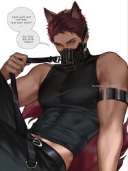  1boy animal_ears arm_strap black_pants black_singlet highres love_and_deepspace male_focus muzzle_(mask) pants short_hair short_sideburns sideburns signature sleeveless turtleneck valko_(love_and_deepspace) werewolf wolf_boy wolf_ears yellow_eyes 
