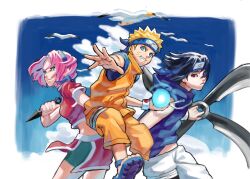  1girl 2boys bird black_hair blonde_hair blue_boots blue_eyes blue_hairband blue_headband blue_shirt blue_sky boots border breasts calilo cowboy_shot crop_top detached_sleeves facial_mark foot_out_of_frame green_eyes green_shorts grin hair_over_one_eye hairband haruno_sakura headband highres holding holding_kunai holding_shuriken holding_weapon jacket jumpsuit konohagakure_symbol kunai medium_breasts midriff multiple_boys naruto_(classic) naruto_(series) open-toe_boots orange_jacket orange_jumpsuit orange_pants outstretched_hand pants parted_bangs pink_hair rasengan red_eyes red_shirt red_skirt seagull sharingan shirt short_hair short_sleeves shorts shuriken side_slit skirt sky smile spiky_hair teeth uchiha_sasuke uzumaki_naruto weapon whisker_markings white_border white_shorts white_sleeves white_trim 