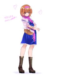  1girl alice_margatroid basket blue_dress blush boots brown_boots closed_mouth commentary_request cookie_(touhou) dress frilled_hairband frilled_necktie frilled_sash frills full_body hairband heart highres hinase_(cookie) holding holding_basket looking_at_viewer nabezoko_(nicovideo128130479) necktie orange_hair pink_hairband pink_necktie pink_sash puffy_short_sleeves puffy_sleeves red_eyes sash shirt short_hair short_sleeves simple_background smile solo standing touhou translation_request white_background white_shirt 