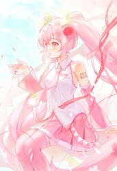  1girl absurdres cherry_blossoms cherry_hair_ornament commentary_request detached_sleeves falling_petals flower food-themed_hair_ornament hair_ornament hatsune_miku highres hisaya_kii long_hair necktie open_mouth petals pink_eyes pink_hair pink_necktie pink_petals pink_skirt sakura_miku shirt sitting skirt sleeveless sleeveless_shirt smile solo string string_of_fate thigh-highs twintails very_long_hair vocaloid white_shirt 