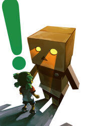  ! 1girl box box_body cardboard cardboard_box commentary_request danboo eye_beam full_body glowing glowing_eyes green_hair koiwai_yotsuba quad_tails raglan_sleeves shade shadow shirt shoes short_hair short_sleeves shorts takuma_(largetakumamover) triangle_mouth white_background yellow_eyes yotsubato! 