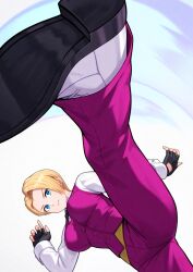  1girl black_bow black_bowtie black_gloves blonde_hair blue_eyes bow bowtie breasts collared_shirt commentary_request earrings fingerless_gloves formal_clothes gloves high_kick highres jewelry kicking king_(snk) large_breasts long_sleeves pants pink_pants pink_vest ryuuko_no_ken shirt shoe_soles shoes short_hair sleeve_cuffs solo the_king_of_fighters vest white_shirt white_shoes yagi2013 