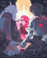  1boy 1girl 1other armlet armor bracelet closed_eyes colored_skin commentary crossed_fingers deltarune english_commentary floppy_ears from_behind green_robe grin highres holding_hands horns jewelry kris_(dark_world)_(deltarune) kris_(deltarune) looking_at_another over_shoulder pawpads pink_hair pink_horns pink_scarf pink_skin ralsei red_soul_(utdr) robe scarf smile soul_(utdr) spiked_armlet spiked_bracelet spikes susie_(dark_world)_(deltarune) susie_(deltarune) utdr_(toby_fox) weapon weapon_over_shoulder white_fur zipsunz 