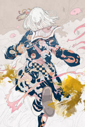  1girl absurdres checkered_clothes commentary facing_away floral_print flower from_behind furisode hair_ornament hair_ribbon hato_(n_hat_mu) highres japanese_clothes kimono long_sleeves medium_hair nihonga original ribbon shoe_soles shoes solo standing standing_on_one_leg tassel white_hair wide_sleeves 