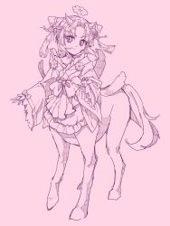  1girl bow clantail commentary_request dress flower flower_ornament frilled_dress frilled_sleeves frills hair_flower hair_ornament highres horns japanese_clothes lolita_fashion magical_girl mahou_shoujo_ikusei_keikaku mahou_shoujo_ikusei_keikaku_restart monster_girl pink_background short_hair tassel wa_lolita yomo_gigyoza 