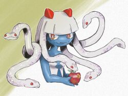  1girl apple blue_skin bright_pupils colored_skin commentary_request fangs food fruit green_background holding holding_food holding_fruit kk_dot1215 long_hair pal_(creature) palworld red_eyes snake_hair solo two-tone_background upper_body venusa white_background white_hair white_pupils 