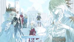  2girls 4boys absurdres alice_deross alice_deross_(homeward_path) architecture blonde_hair braid building castle closed_eyes collar colored_skin corset creature crown edgar_valden edgar_valden_(deep_blue) evelyn_mora evelyn_mora_(pale_crown) facial_mark feathered_hair florian_brand florian_brand_(caged_fire) grey_eyes hat_feather highres holding holding_creature identity_v joseph_desaulniers joseph_desaulniers_(eternal_light) long_hair metal_collar multiple_boys multiple_girls pba_471 red_shirt richard_sterling richard_sterling_(untamed_song) shirt smile very_long_hair wavy_hair white_hair white_skin white_theme yellow_eyes 