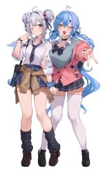  2girls :d ahoge amane_kanata arm_at_side bag black_bag black_bow black_bowtie black_choker black_leg_warmers black_necktie black_shoes blue_hair blue_scrunchie blush bow bowtie brown_cardigan cardigan cardigan_around_waist cardigan_partially_removed choker closed_mouth clothes_around_waist collared_shirt commentary_request diagonal-striped_clothes diagonal-striped_necktie dot_mouth dot_nose double-parted_bangs double_bun full_body grey_hair grey_skirt grey_sweater gyaru gyaru_v hair_bow hair_bun hair_intakes hair_ornament hairclip hand_up heart heart_ahoge highres hololive jewelry kaguya_(srx61800) kogal leg_warmers legs_apart loafers long_hair long_sleeves looking_at_viewer low_twintails miniskirt multiple_girls necktie one_eye_closed open_mouth orange_eyes parallel_hairclips partially_unbuttoned pink_bow pink_cardigan plaid_clothes plaid_skirt pleated_skirt pointy_ears ring school_uniform scrunchie shirt shirt_tucked_in shoes shoulder_bag simple_background skirt smile standing striped_clothes striped_necktie sweater thigh-highs three-quarter_sleeves triangle_hair_ornament twintails v very_long_hair violet_eyes virtual_youtuber white_background white_shirt white_thighhighs wrist_scrunchie x_hair_ornament yukihana_lamy zettai_ryouiki 