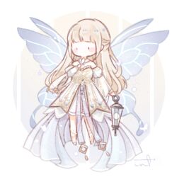  1girl bare_shoulders barefoot_sandals_(jewelry) beads black_eyes blonde_hair blue_background blue_wings blunt_bangs blush_stickers border bug butterfly butterfly_on_hand chibi chinese_commentary collar commentary_request detached_collar detached_sleeves dress earrings elves'_elegy_(shining_nikki) fairy fairy_wings floating gradient_background hand_on_own_chest holding holding_lantern interruption_(echo-023) jewelry juliet_sleeves lantern light_particles long_hair long_sleeves looking_at_another medium_dress nikki_(series) outside_border puffy_sleeves round_border shining_nikki sidelocks signature single_earring solid_oval_eyes solo strapless strapless_dress striped_background train_(clothing) two-tone_background vertical-striped_background very_long_hair white_border white_butterfly white_collar white_dress white_sleeves wide_sleeves wings yellow_background 