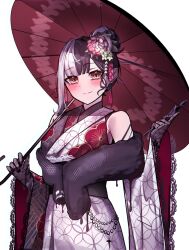  1girl absurdres black_hair black_shawl blush floral_print floral_print_kimono flower gloves grey_kimono hair_flower hair_ornament highres holding holding_umbrella hololive hololive_english japanese_clothes kimono lace lace-trimmed_gloves lace-trimmed_kimono lace-trimmed_shawl lace_gloves lace_trim looking_at_viewer multicolored_hair official_alternate_costume parasol print_kimono shawl shiori_novella shiori_novella_(new_year) silva_arts smile solo split-color_hair two-tone_kimono umbrella virtual_youtuber white_hair yellow_eyes 