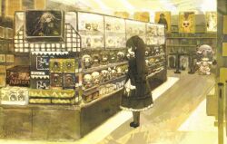  1girl back_bow bell_sleeves black_dress black_hair black_shoes bow box character_doll cirno daiyousei doll dress figure flandre_scarlet from_side full_body fumo_(doll) furude_rika futaba_channel gokou_ruri gothic_lolita hakurei_reimu headdress hezaizhou highres higurashi_no_naku_koro_ni kazami_yuuka kirisame_marisa lolita_fashion long_hair made_in_abyss nazrin nijiura_maids ore_no_imouto_ga_konna_ni_kawaii_wake_ga_nai ozoi_(nijiura_maids) pantyhose remilia_scarlet rozen_maiden rumia shoes shop solo suigintou touhou yakui_(nijiura_maids) 
